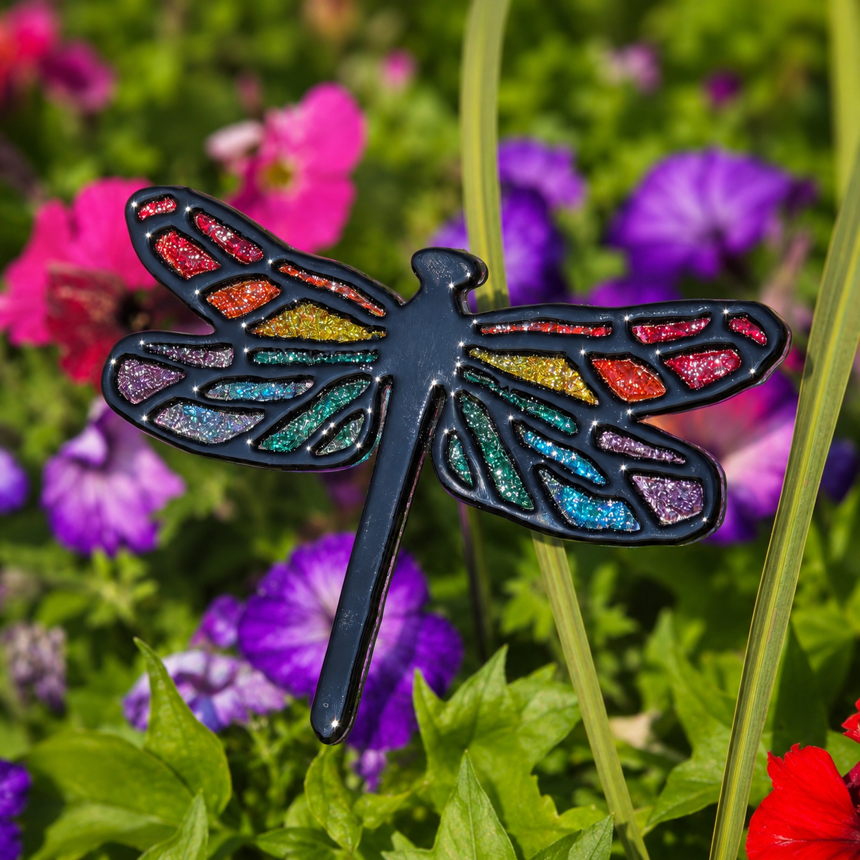 Finished fused glass dragonfly garden stake with rainbow frit accents displayed among bright pink, red and purple flowers.

