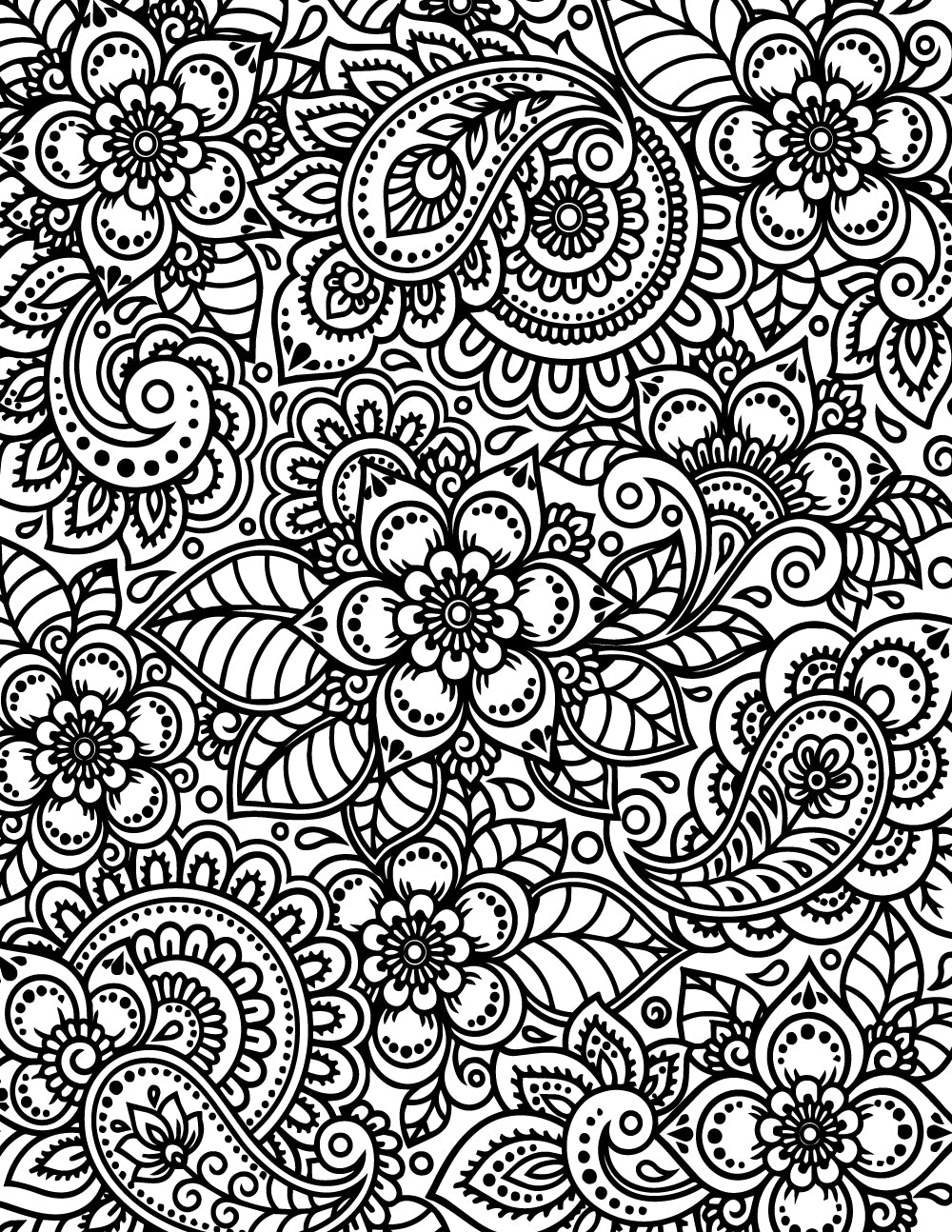 Black and white floral paisley silk screen pattern featuring flowers, leaves, curls and intricate decorative linework for fused glass printing.