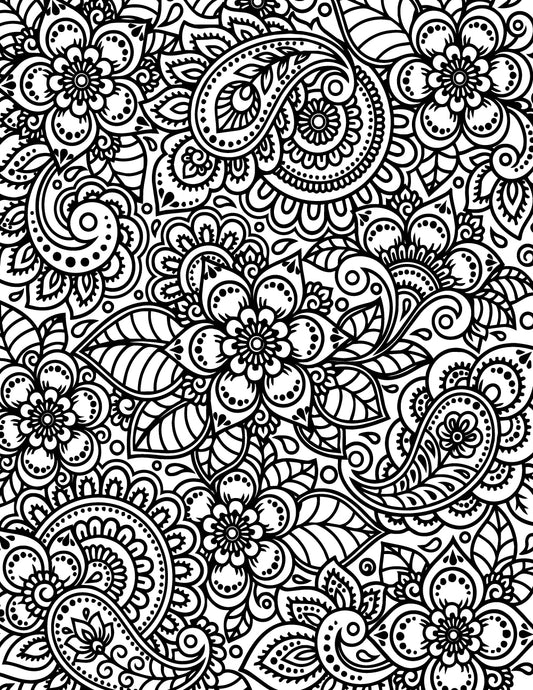 Black and white floral paisley silk screen pattern featuring flowers, leaves, curls and intricate decorative linework for fused glass printing.