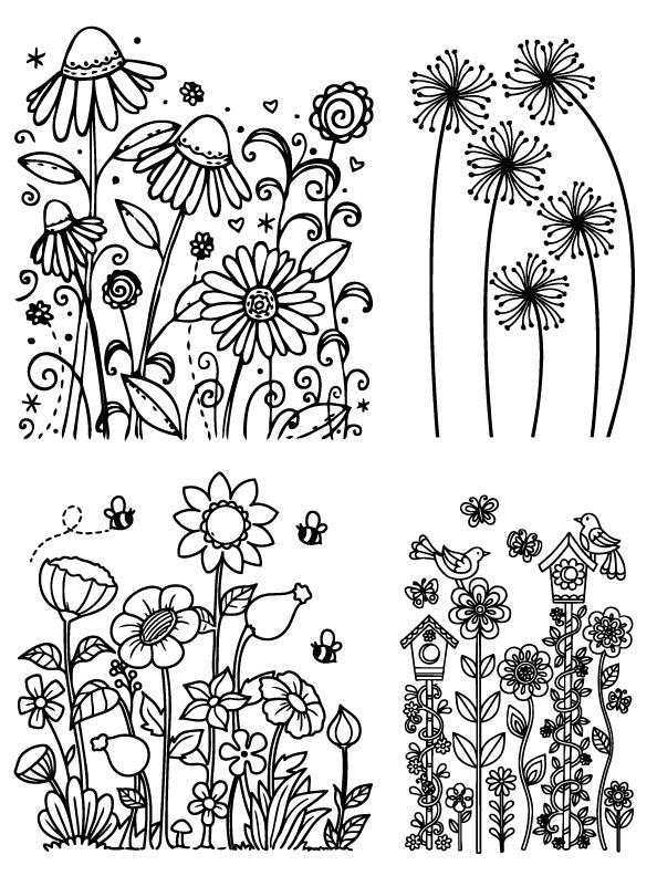 Whimsical wildflower garden silk screen stencil featuring floral meadow scenes, bees, birdhouses, and botanical designs for fused glass and ceramic artwork