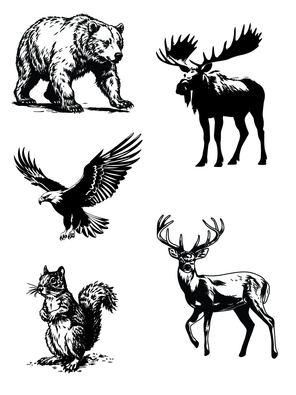 Silk screen stencil for glass printing featuring forest wildlife designs including bear, moose, eagle, deer, and squirrel