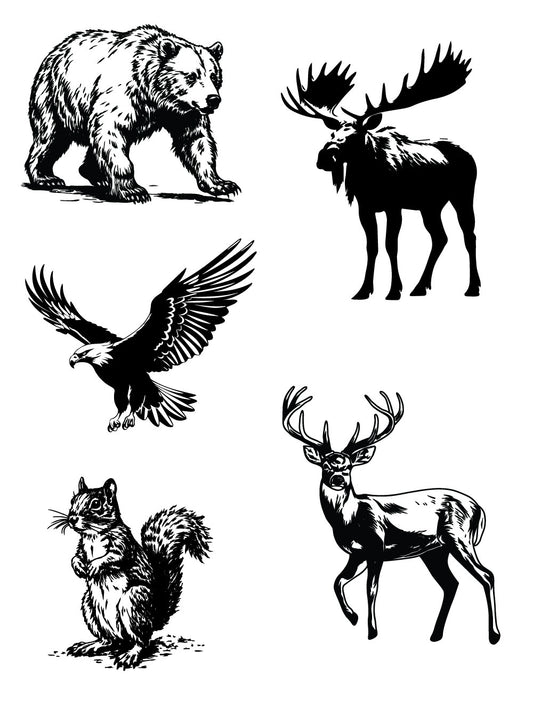 Silk screen stencil for glass printing featuring forest wildlife designs including bear, moose, eagle, deer, and squirrel