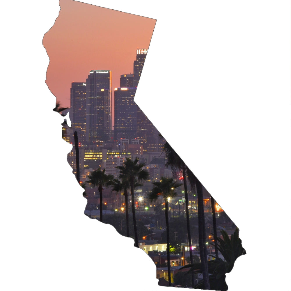 Precut glass shape of California with a landscape.