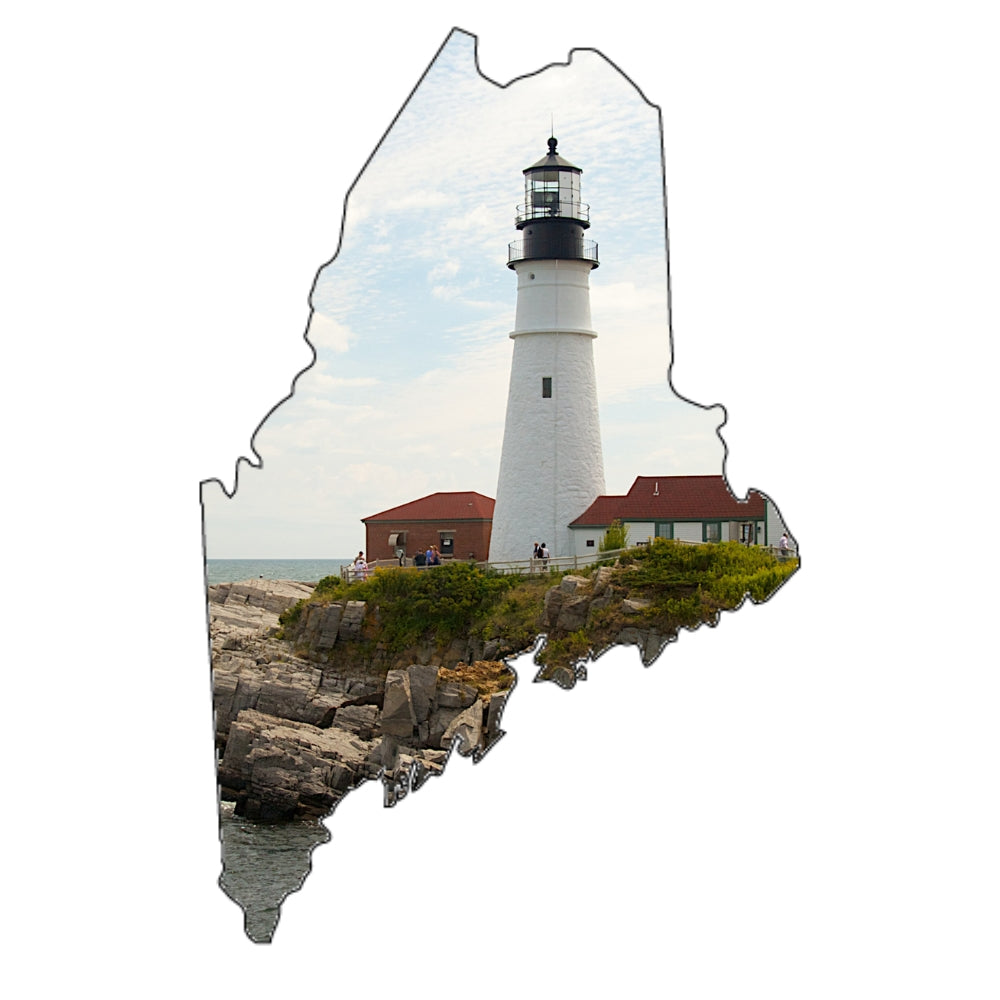 Precut glass shape of Maine with Portland Head Light Lighthouse.