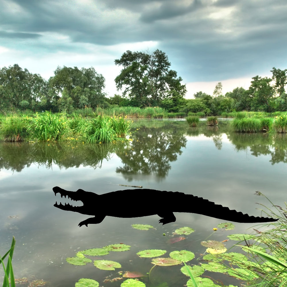 Precut glass shape of an alligator in a swamp.