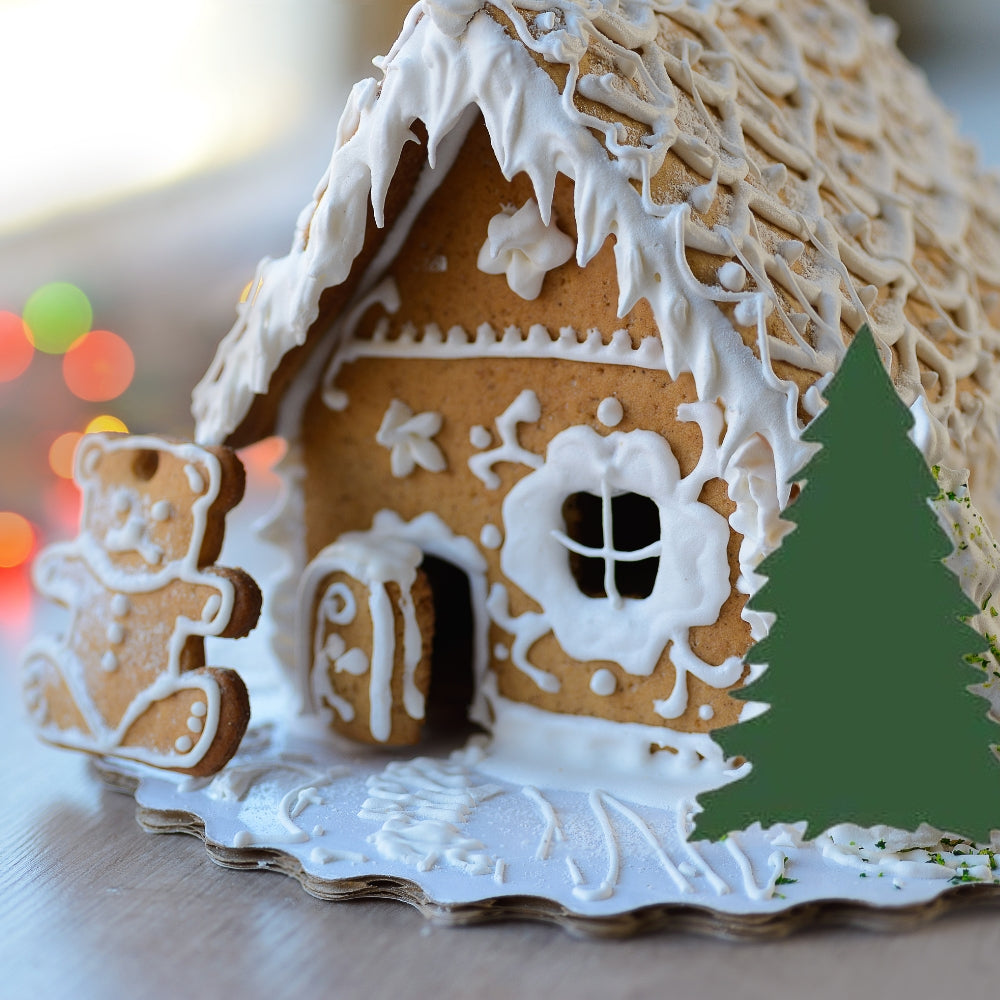 Precut glass shape of Christmas tree #2 with gingerbread house.