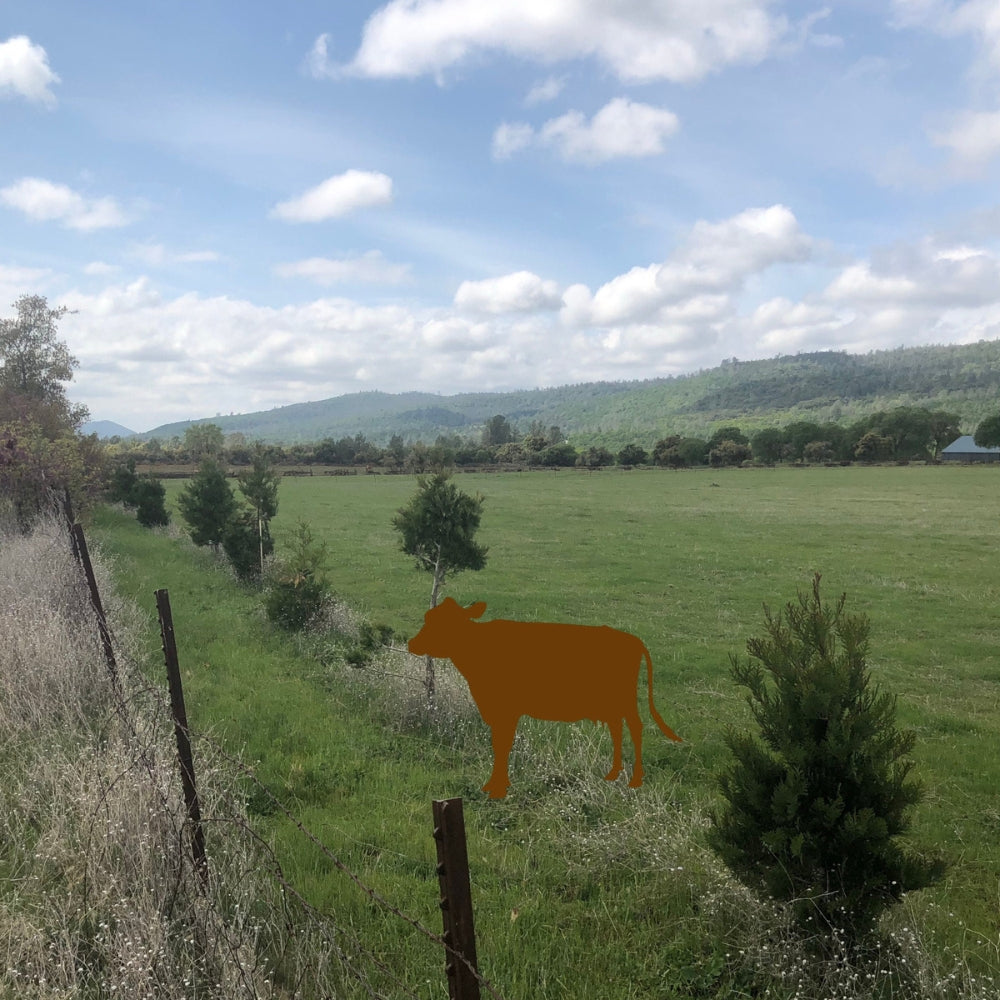 Precut glass shape of cow in pasture.