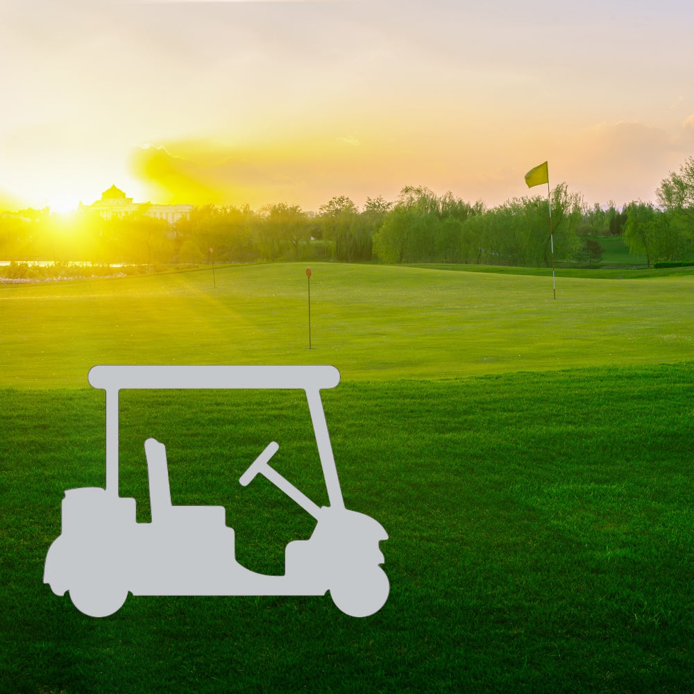 Precut glass shape of a golf cart on a golf course.