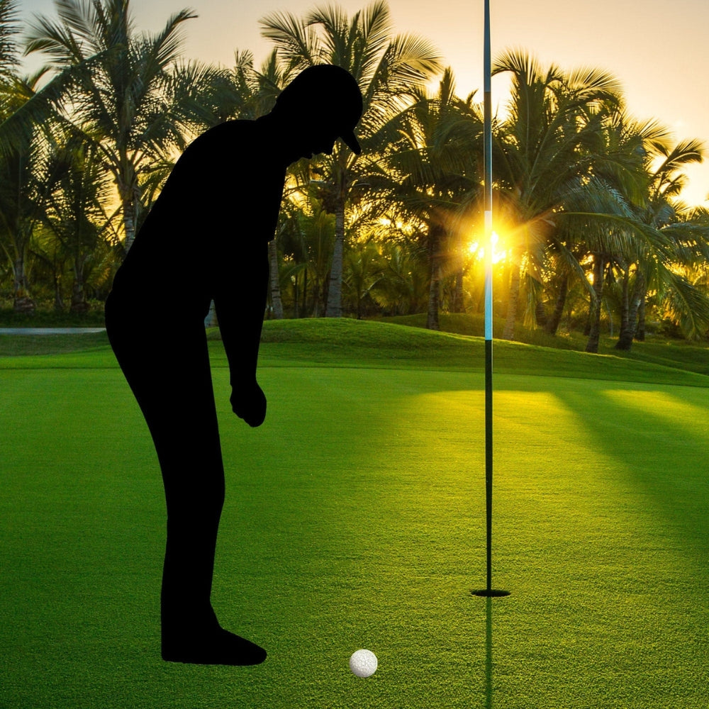 Precut glass shape of a male golfer on a golf course.