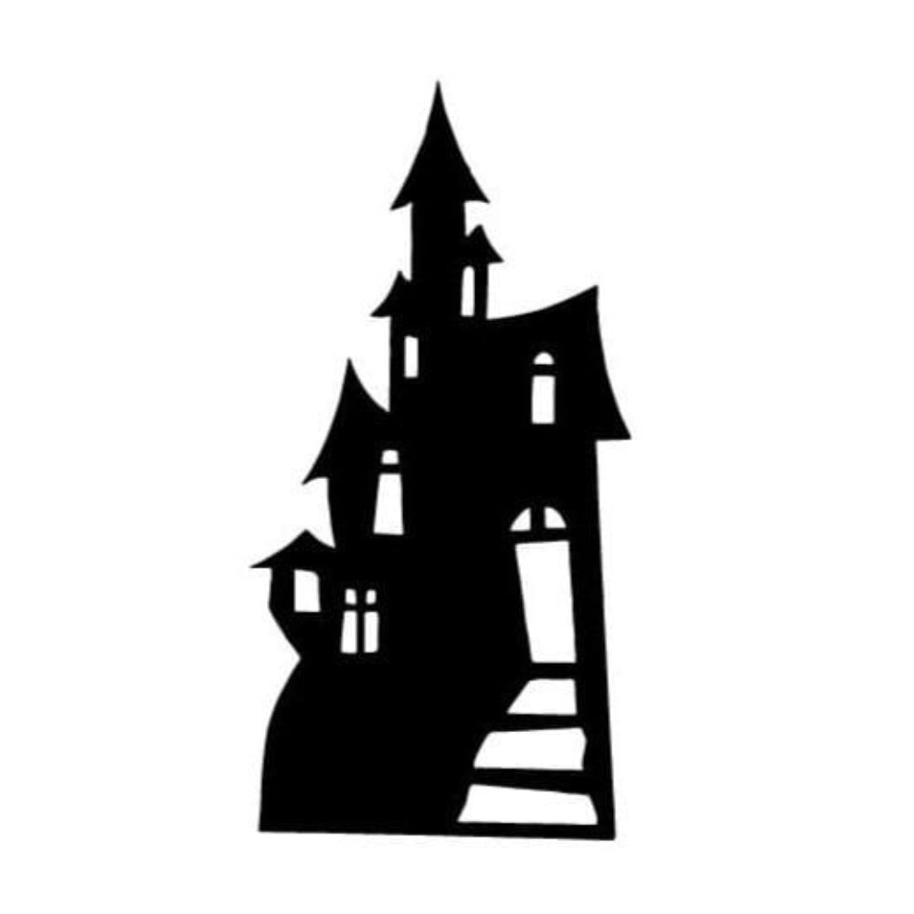 Precut glass shape of a haunted house.