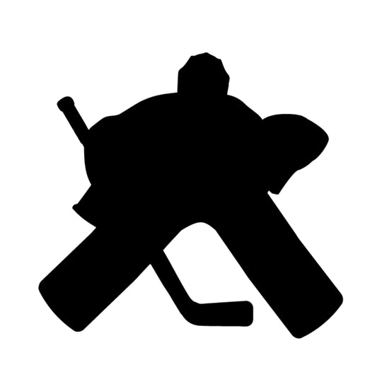 Precut glass shape of a hockey goalie in black.