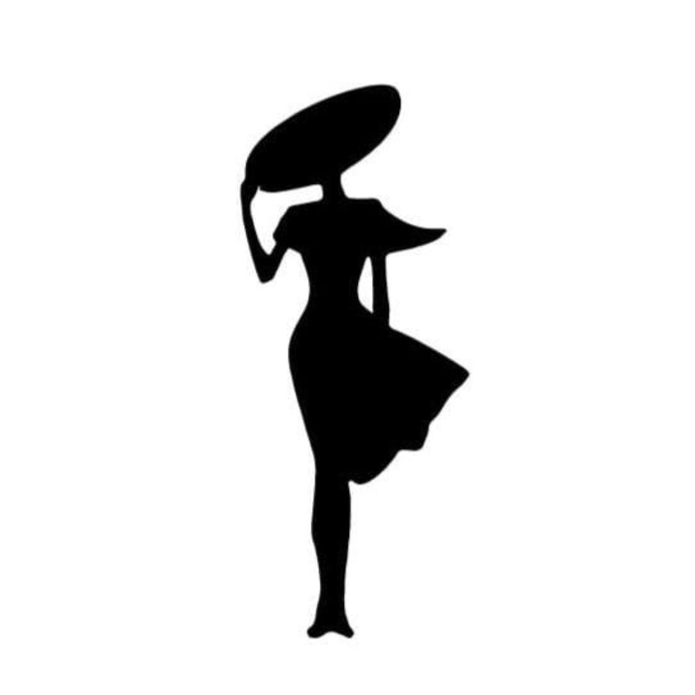 Precut glass shape of a lady with a hat in black.