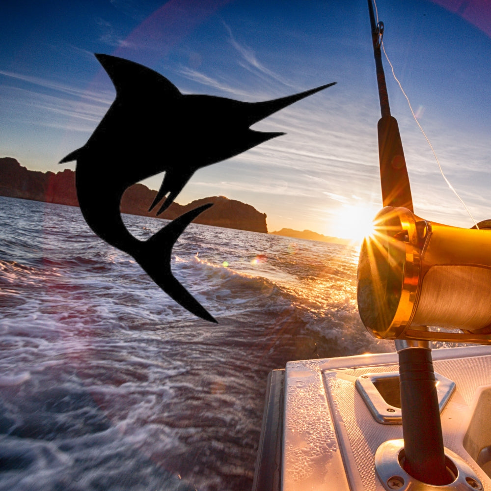 Precut glass shape of fishing a marlin.