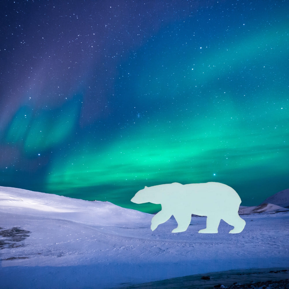 Precut glass shape of a polar bear under aurora borealis.