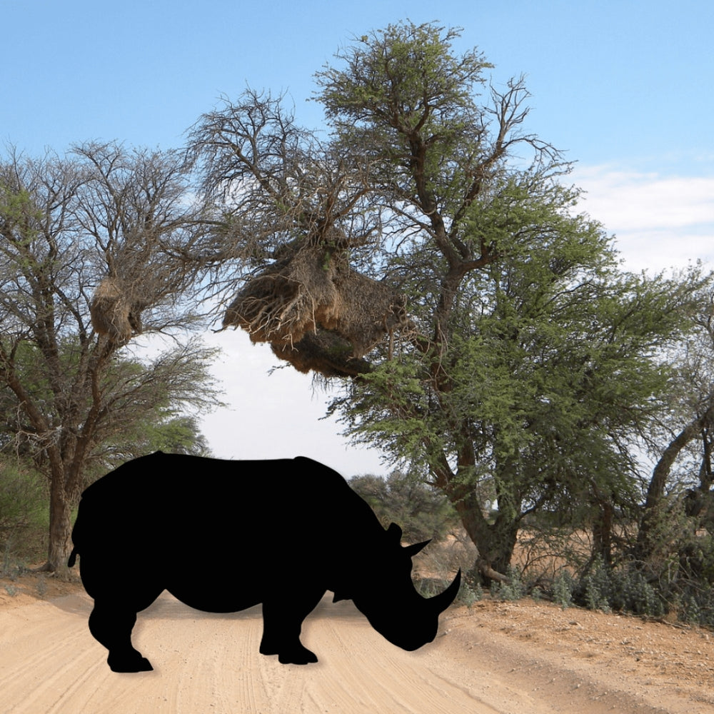 Precut glass shape of a rhino on a safari road.
