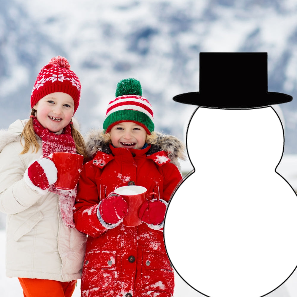 Precut glass shape of a snowman with a black hat with children.
