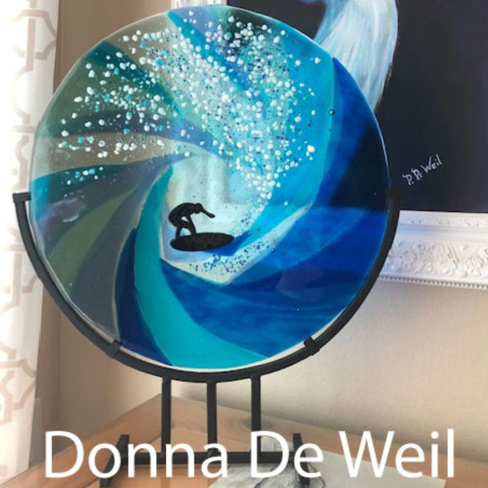 Precut glass shape of surfer #1 in an art piece by Donna De Weil.