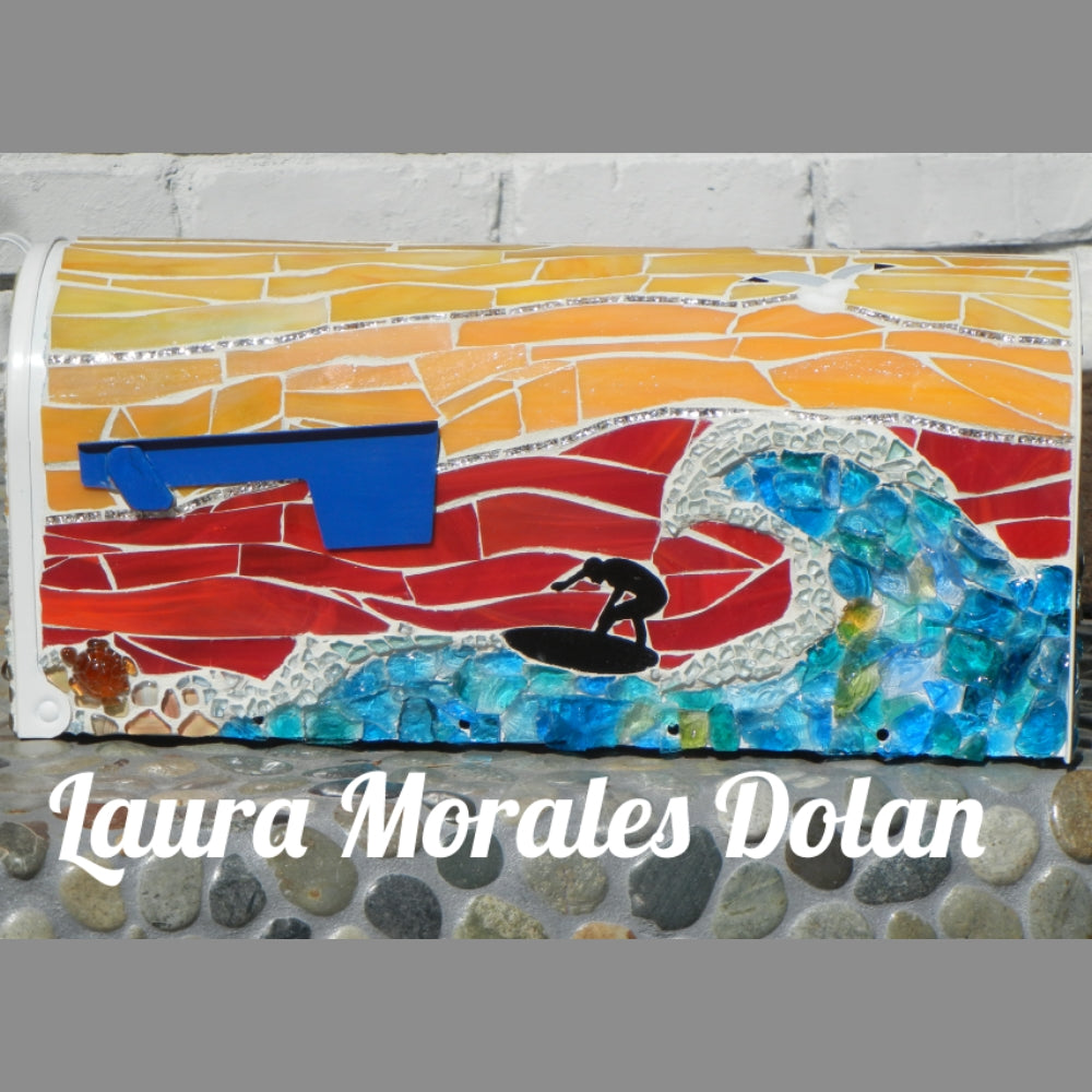 Precut glass shape of surfer #1 in a mosaic art piece by Laura Morales Dolan.