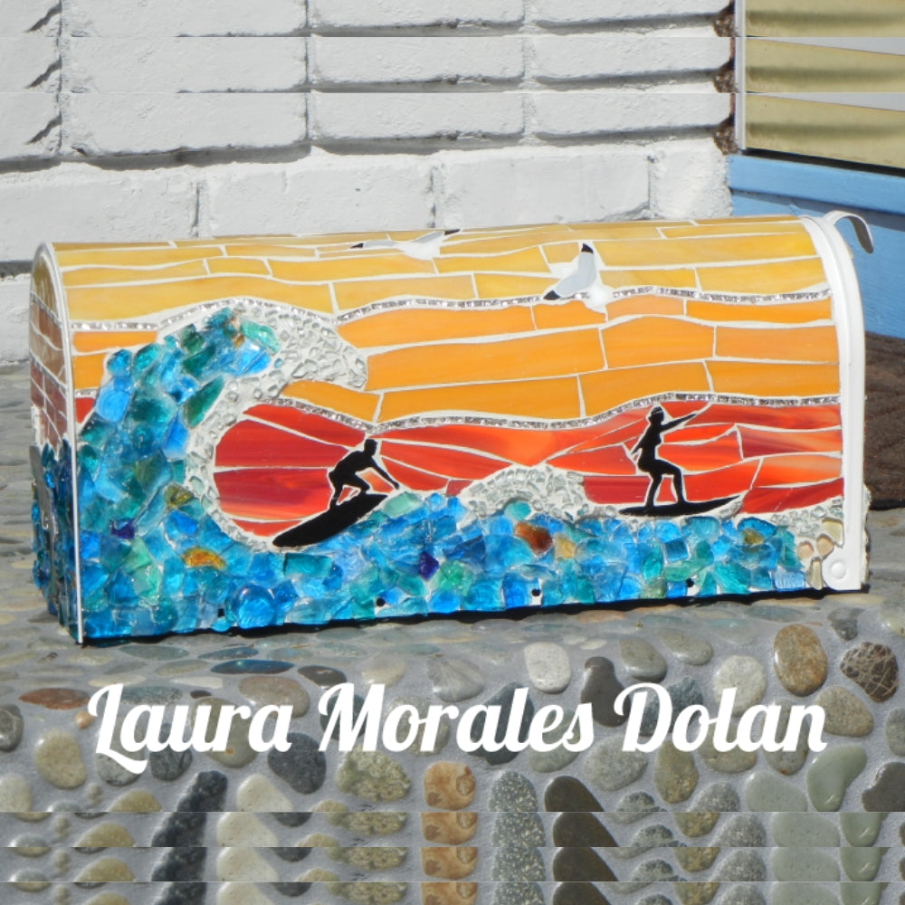 Precut glass shape of surfer #3 in an art piece by Laura Morales Dolan.