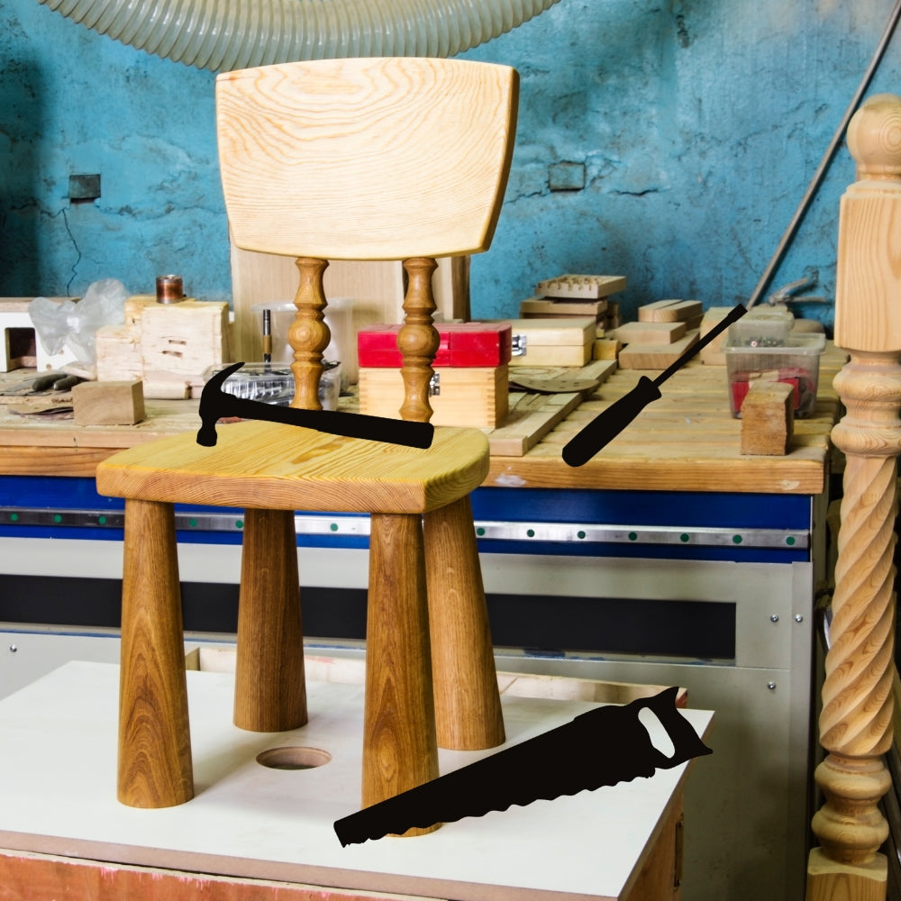 Precut glass shape of a set of tools on a work bench.