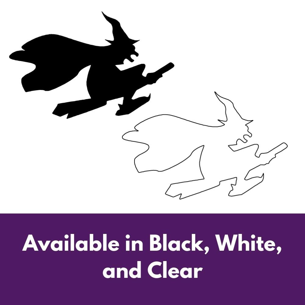 Precut glass shape of a witch flying in alternate colours.