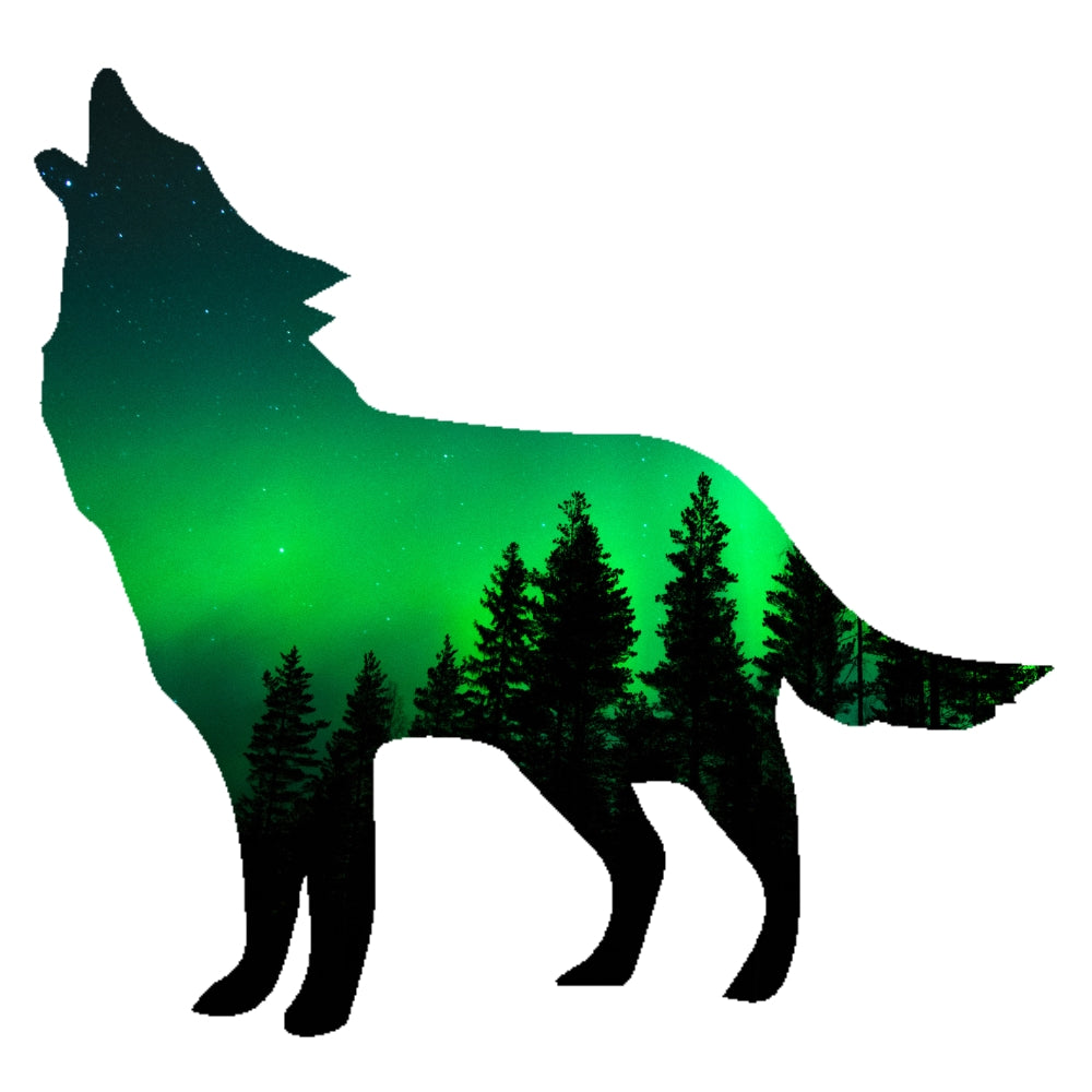 Precut glass shape of a wolf filled in with northern lights.