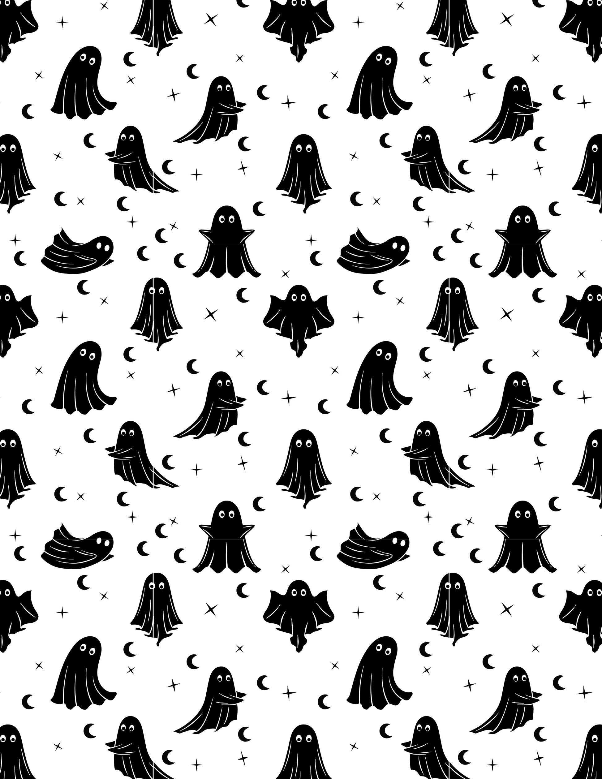 Cute ghost pattern silk screen stencil featuring repeating ghost artwork with moons and stars for fused glass and ceramic Halloween projects