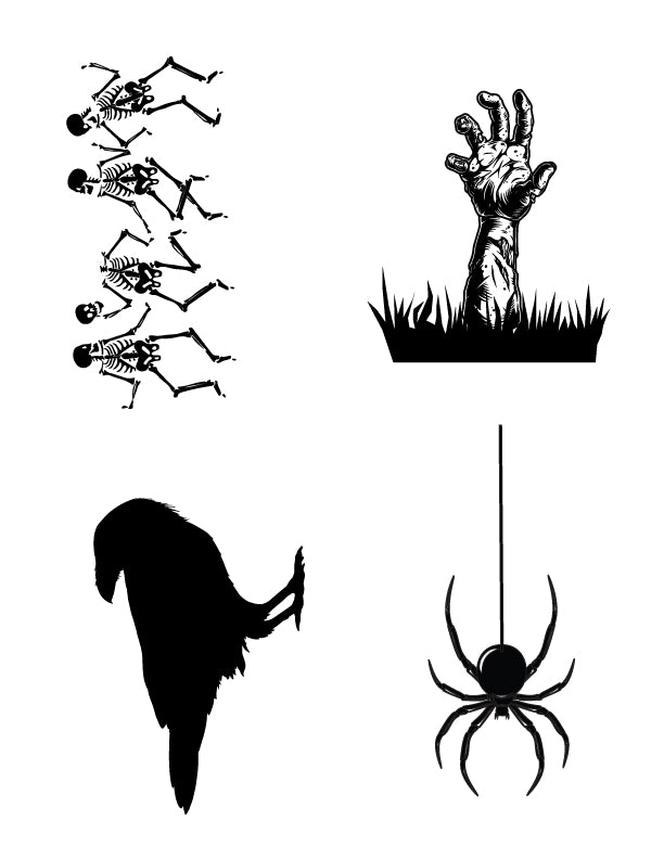 Halloween silk screen stencil set featuring skeletons, zombie hand, raven, and hanging spider artwork for fused glass and ceramic projects