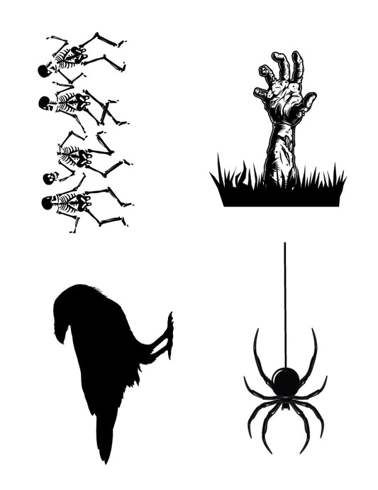 Halloween silk screen stencil set featuring skeletons, zombie hand, raven, and hanging spider artwork for fused glass and ceramic projects