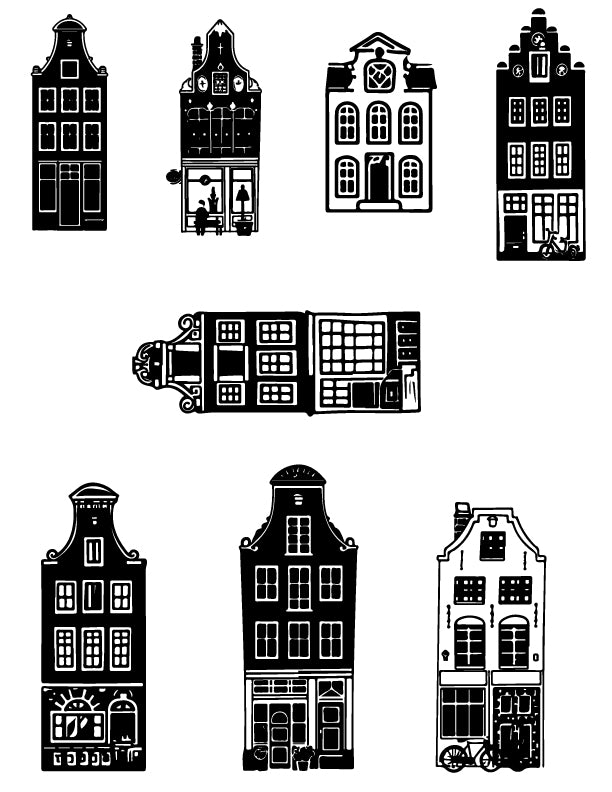 Amsterdam canal houses silk screen stencil set featuring traditional Dutch townhouse architecture for fused glass and ceramic projects