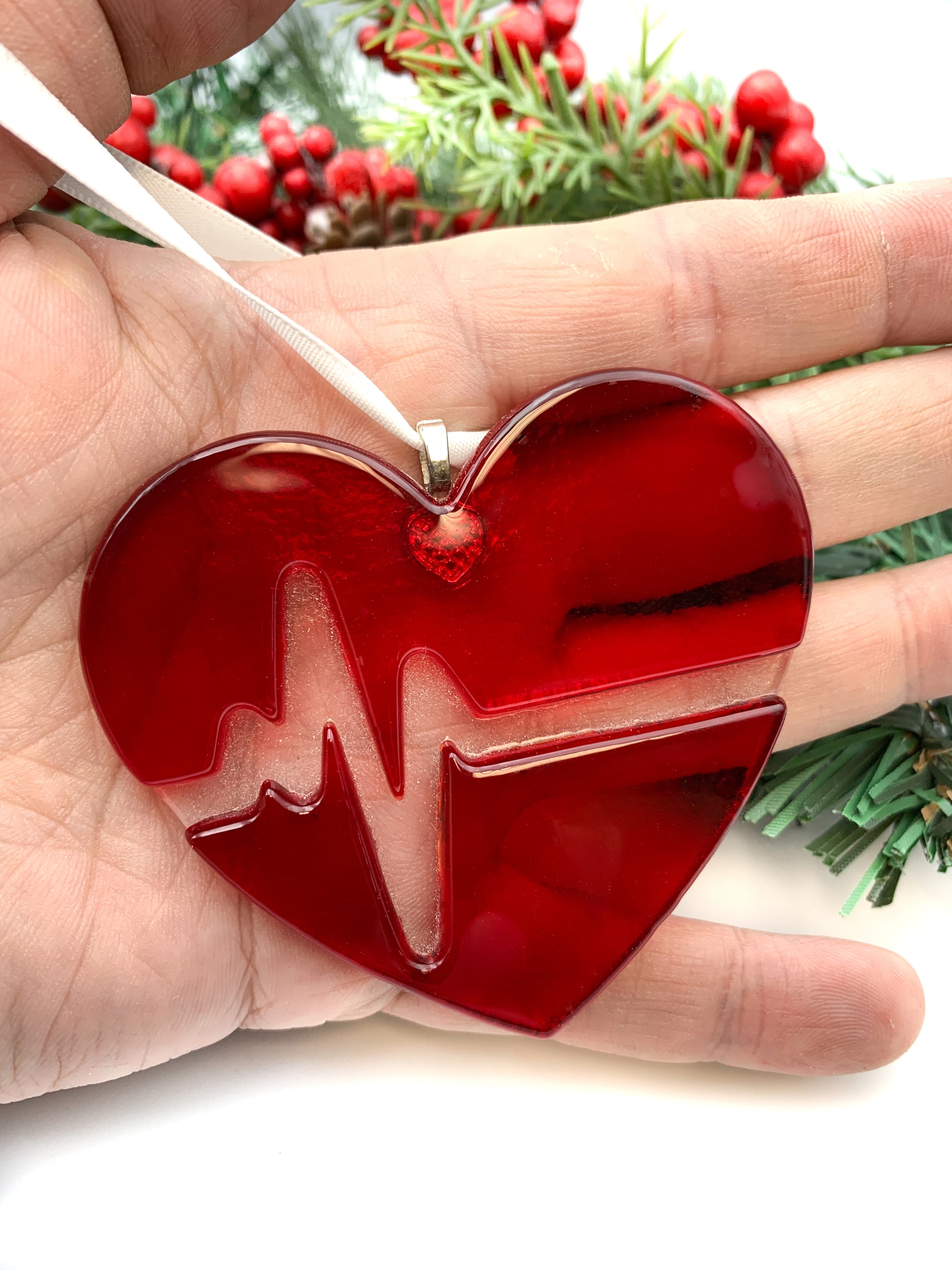 Heartbeat fused glass ornament displayed as a nurse or cardiac recovery gift