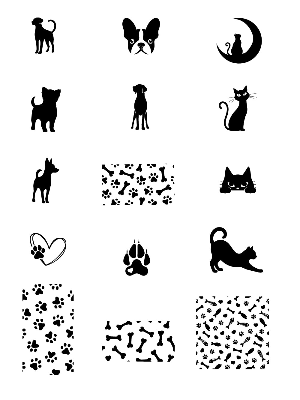 Jewelry pet silk screen stencil showing mini animal designs including dogs, cats, paw prints, bones, fish, and pet pattern fills