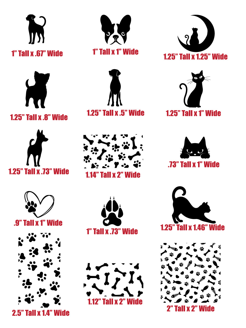 Jewelry pet silk screen stencil with size measurements showing small animal designs and pet patterns ranging from approximately 0.7 to 2 inches