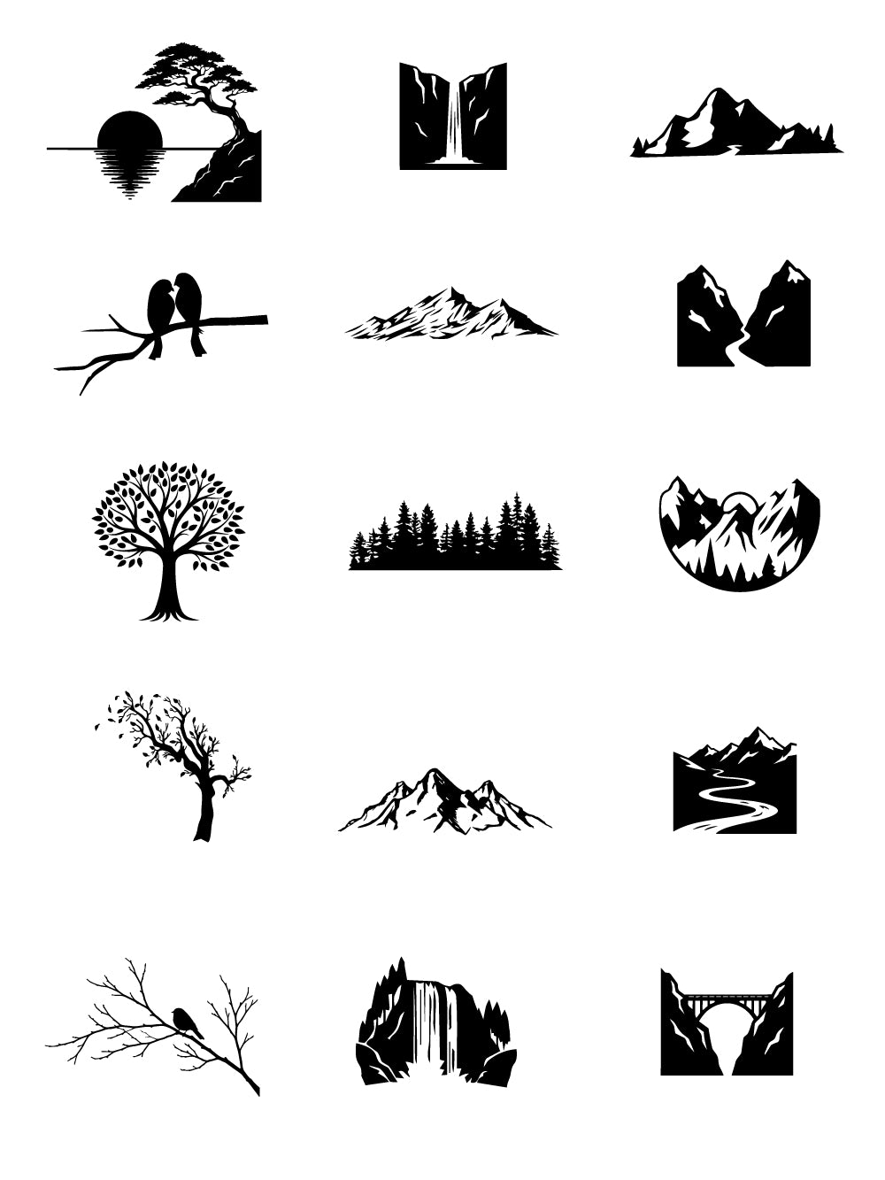 Jewelry nature landscape silk screen stencil showing mini scenic designs including mountains, trees, waterfalls, forests, birds, and rivers