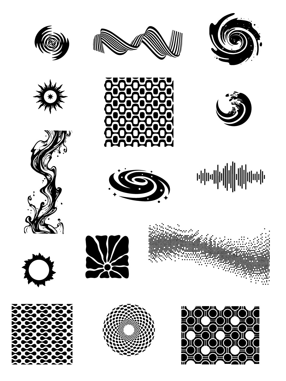 Jewelry abstract pattern silk screen stencil showing graphic designs including spirals, waves, motion lines, textures, and repeating patterns