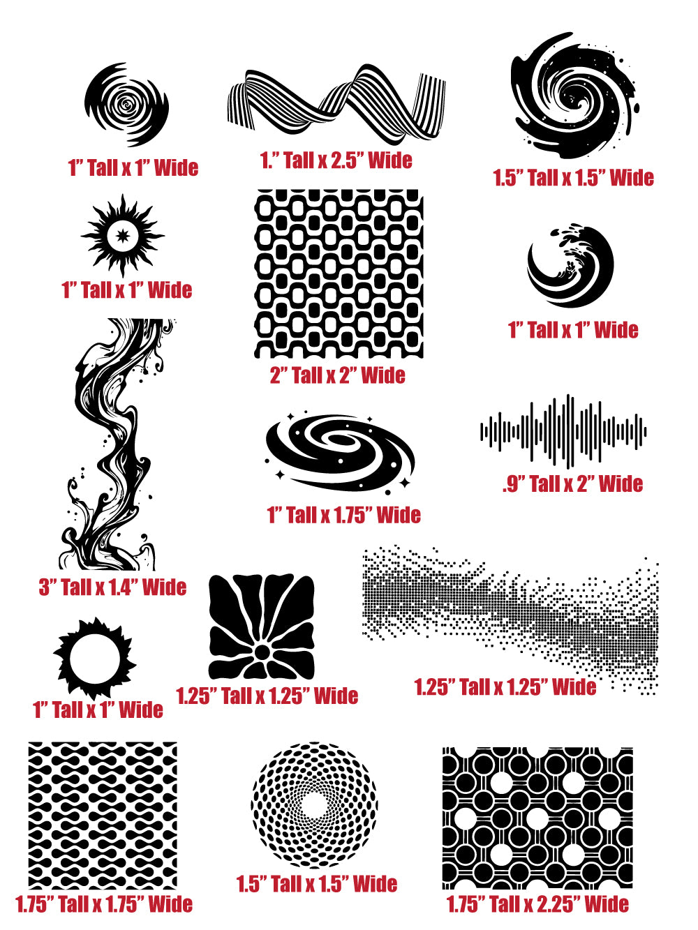 Jewelry abstract pattern silk screen stencil with size measurements showing graphic and patterned designs ranging from approximately 0.9 to 3 inches