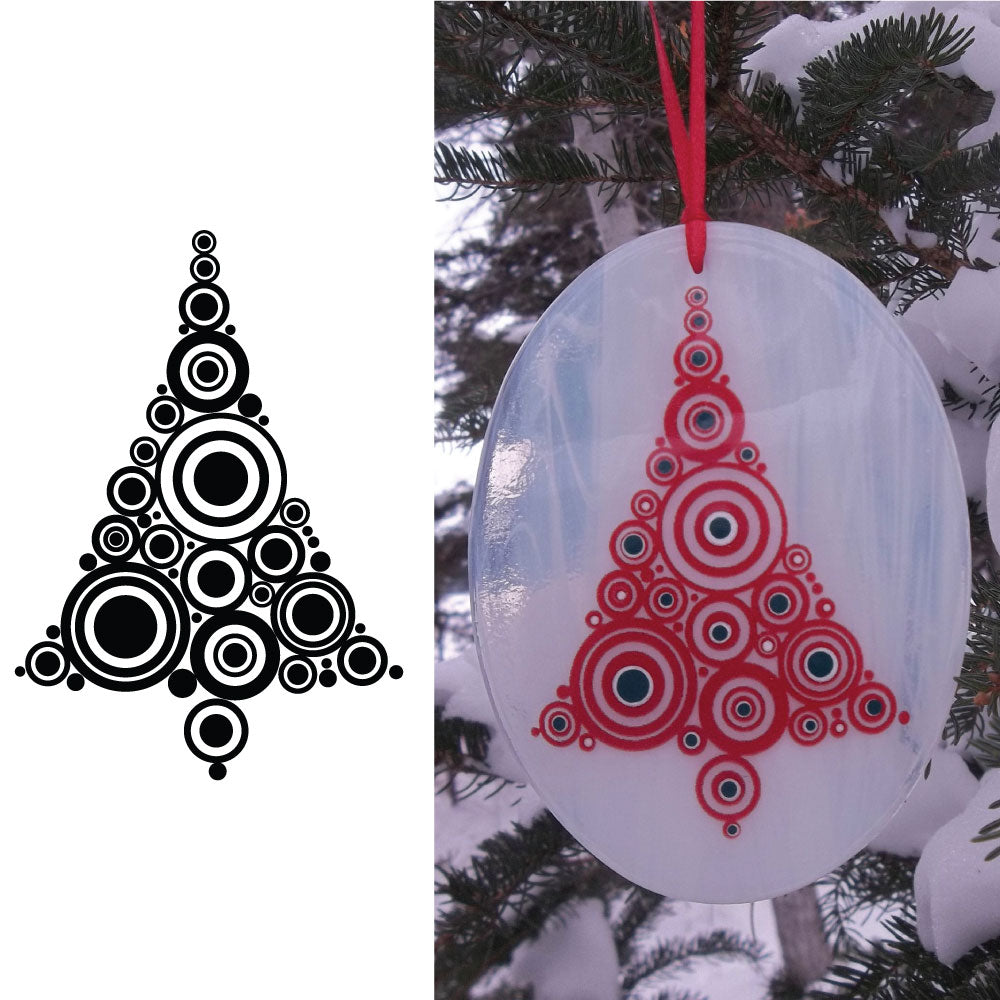 Side by side of Christmas Tree Adhesive Silk Screen Stencil and Ornament made with it