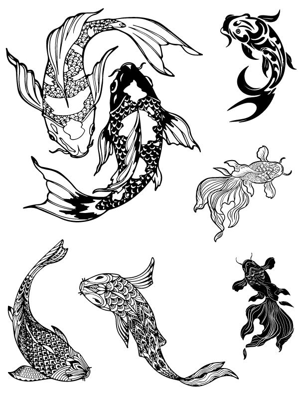 Silk screen stencil featuring 6 koi fish and goldfish designs for screen printing, stencil art, DIY crafts, and print making designs on fused glass or ceramics.