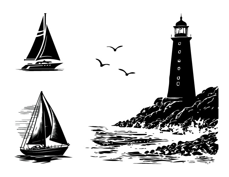 Coastal lighthouse and sailboat silk screen stencil set featuring nautical ocean artwork for fused glass and ceramic projects