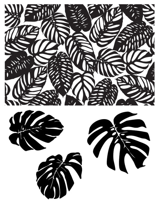 Monstera leaf silk screen design showing a full background pattern and four individual tropical leaves for fused glass printing.