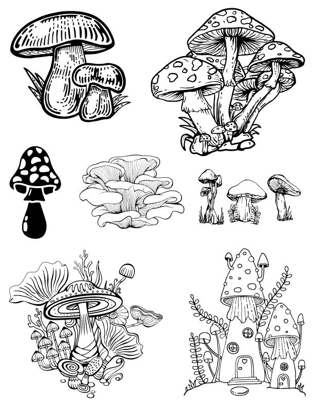 Silk screen stencil featuring 7 whimsical mushroom and fantasy house designs for screen printing, stencil art, DIY crafts, and print making designs on glass, ceramics, or mixed media surfaces.