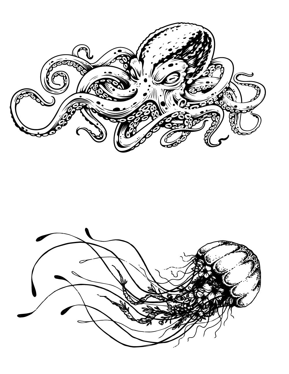 Octopus and jellyfish silk screen stencil with two marine designs shown in black line art on a white background for glass printing