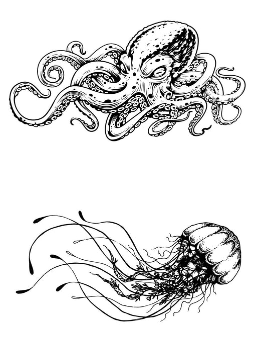 Octopus and jellyfish silk screen stencil with two marine designs shown in black line art on a white background for glass printing