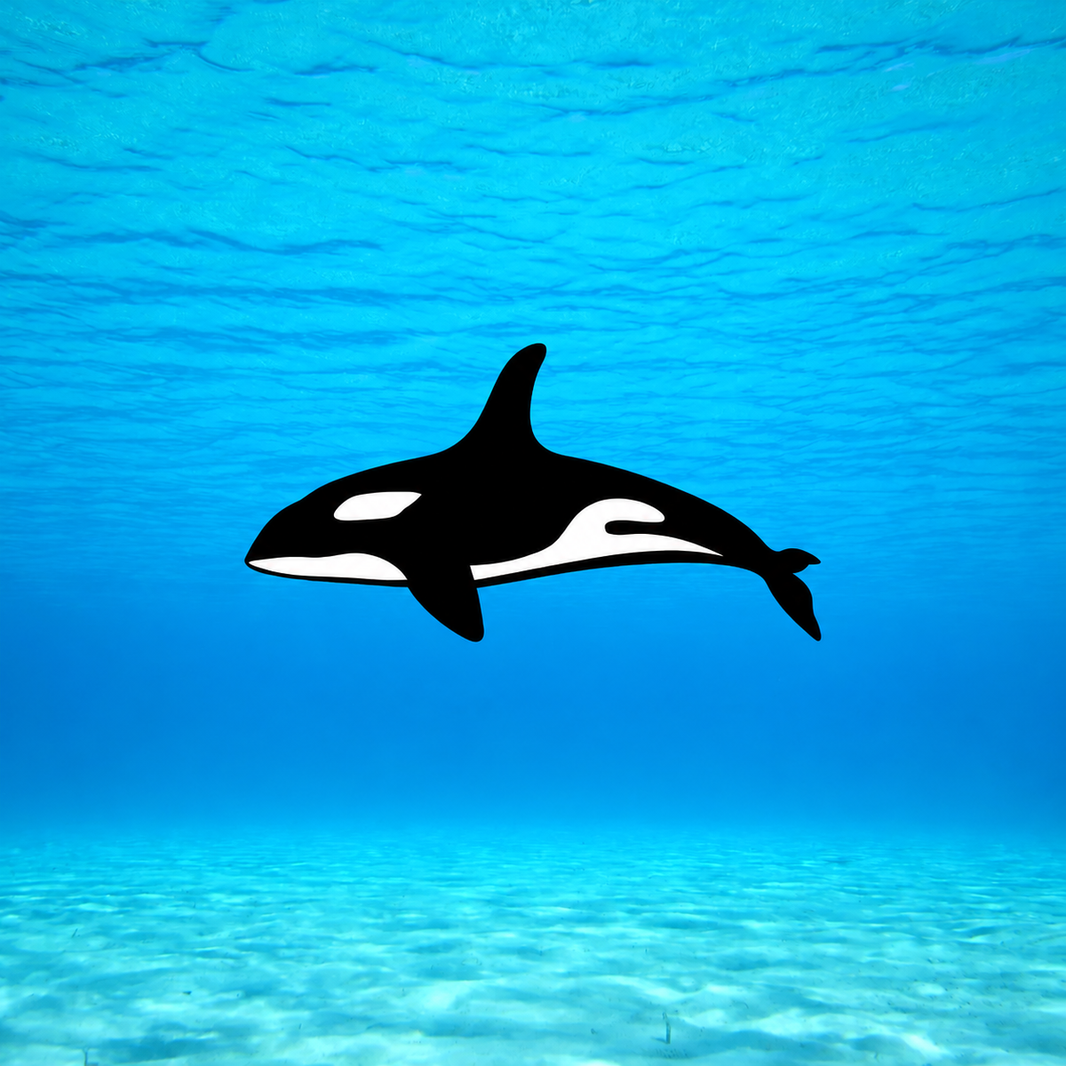 Black and white killer whale (orca) design facing left against a blue underwater ocean background.