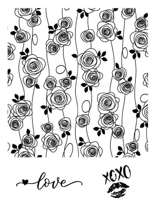 Romantic rose garden silk screen stencil featuring elegant roses, love script, and XOXO kiss artwork for fused glass and ceramic art