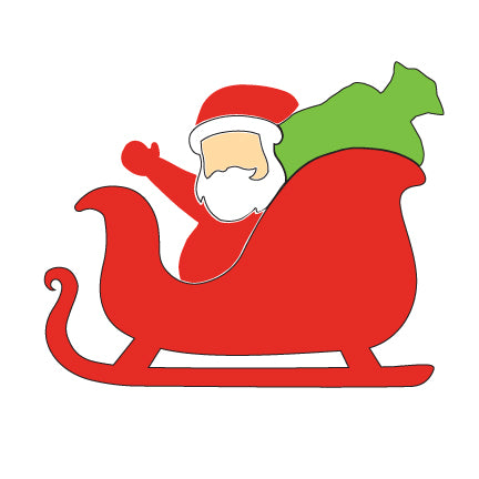 COE 90 fused glass precut design of Santa in a red sleigh with a green gift sack, ready for Christmas glass fusing projects