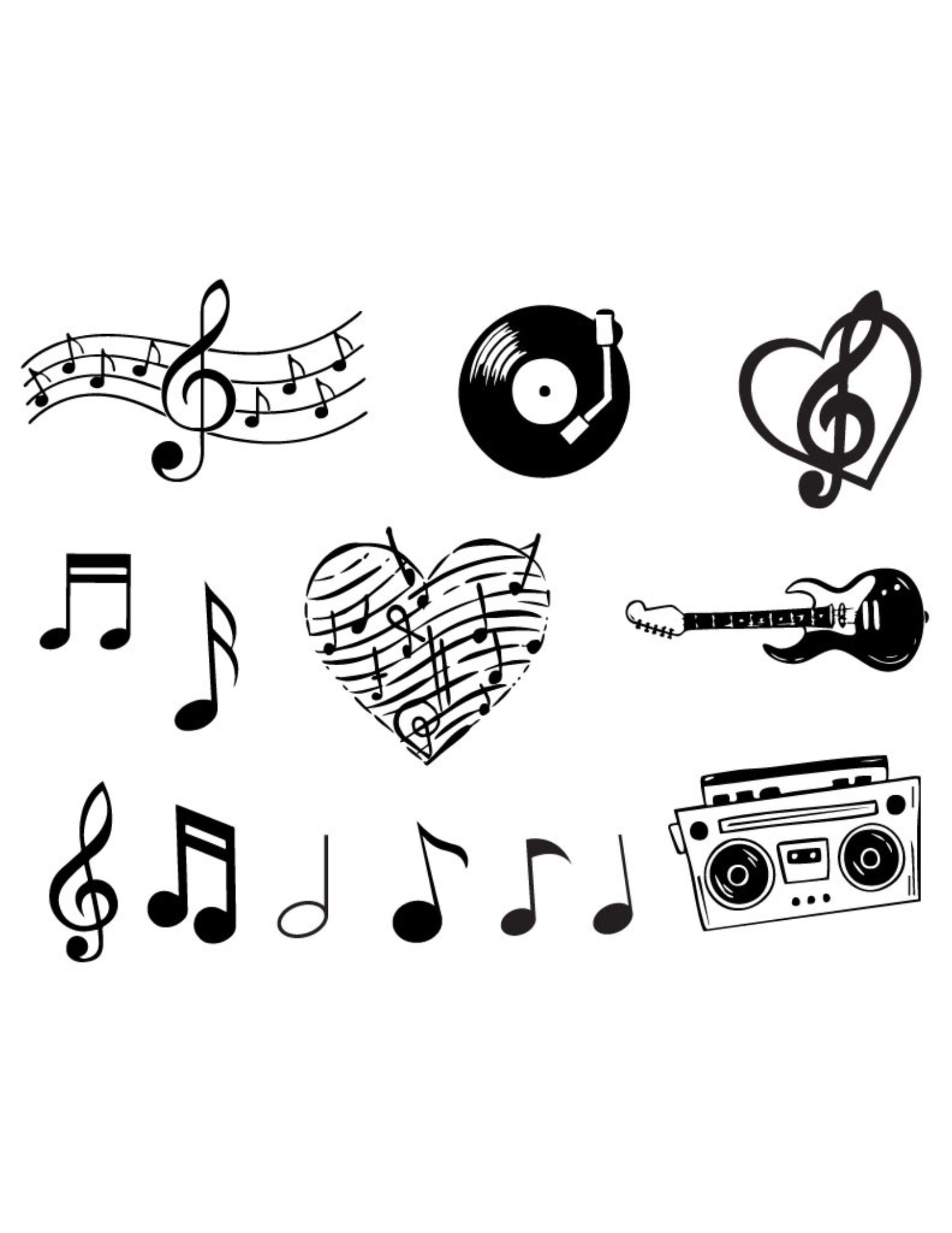Silk screen stencil with 14 music-inspired designs including musical notes, clefs, instruments, and hearts. Ideal for fused glass art, stencil printing, and DIY crafts.