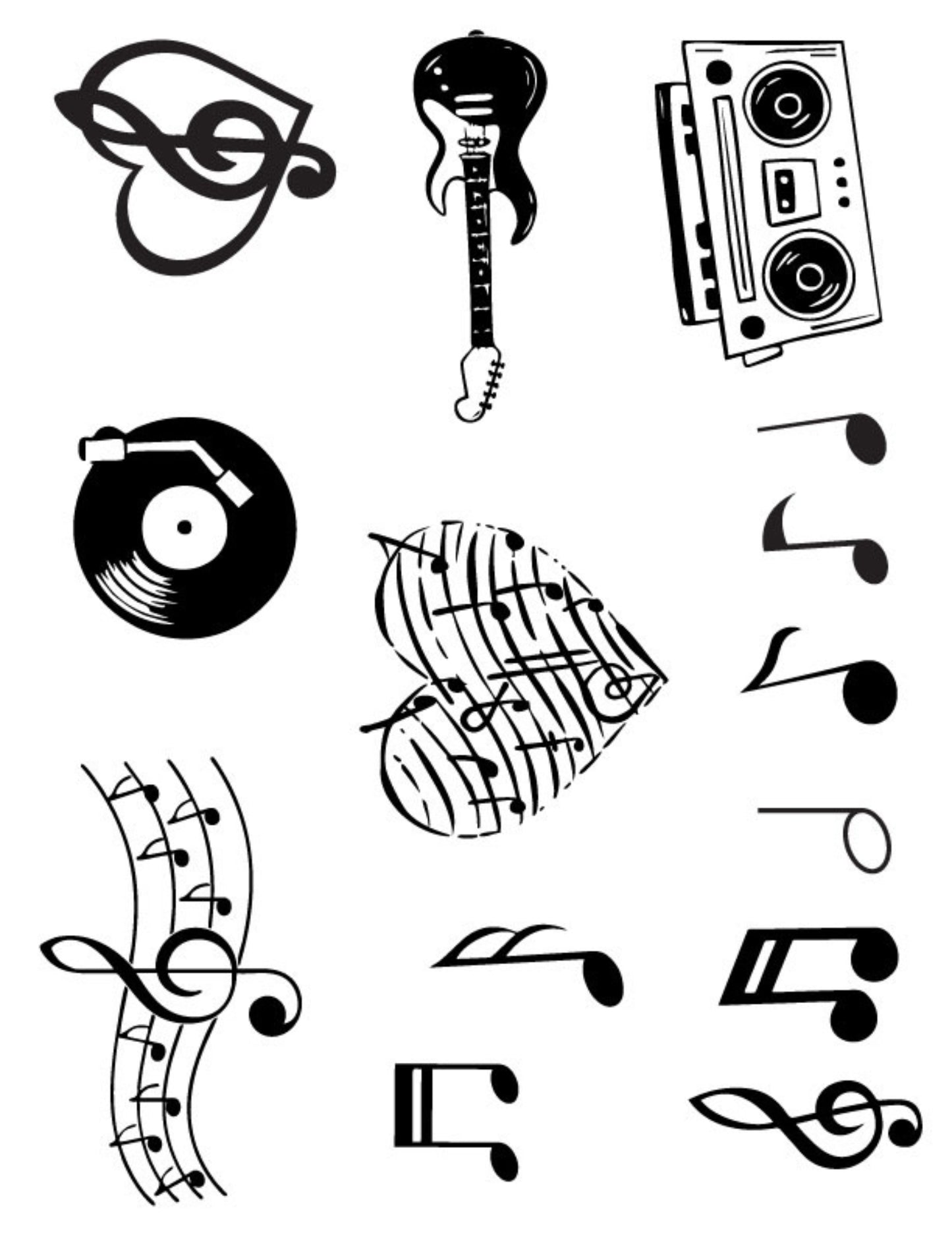 Silk screen stencil with 14 music-inspired designs including musical notes, clefs, instruments, and hearts. Ideal for fused glass art, stencil printing, and DIY crafts.