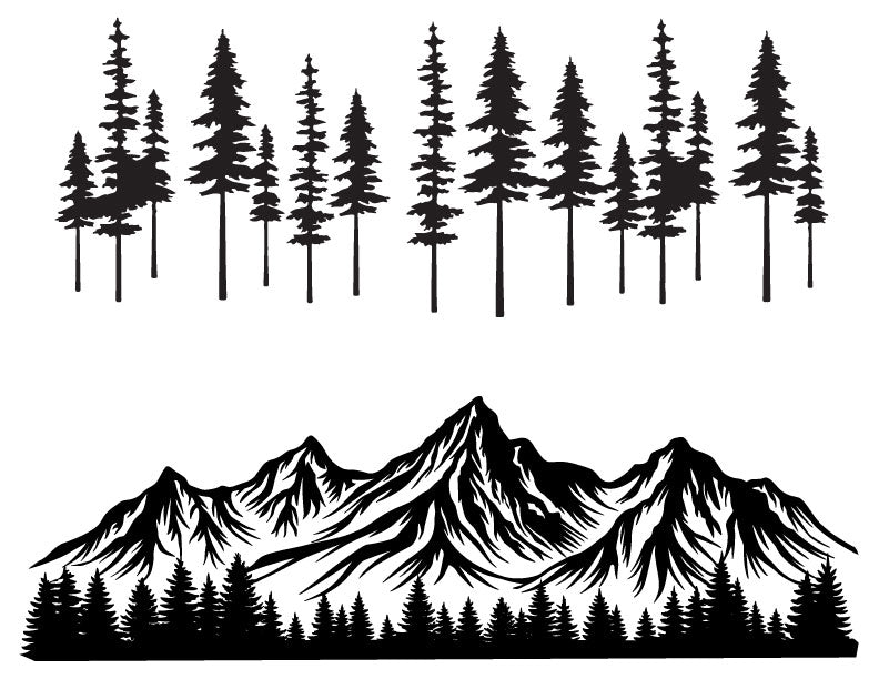 Black silhouette illustration of tall evergreen trees with a layered mountain range in the background, designed as a nature-inspired graphic for screen printing or glass art.