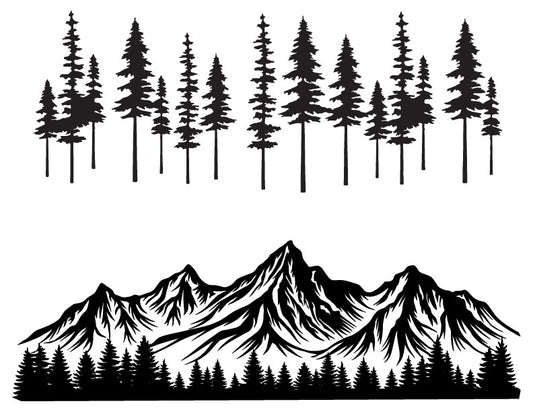 Black silhouette illustration of tall evergreen trees with a layered mountain range in the background, designed as a nature-inspired graphic for screen printing or glass art.
